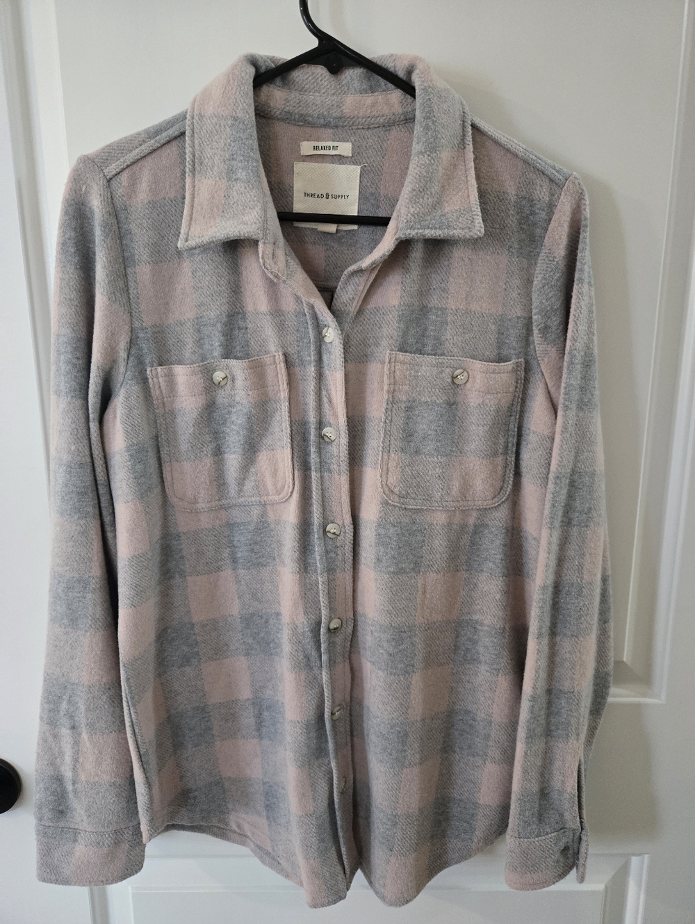 Thread & Supply Pastel Pink and Light Gray Plaid Button-Front Shirt